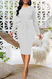 White Elegant Solid Bandage Patchwork Slit O Neck Wrapped Skirt Dresses