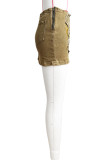 Earth Yellow Street Embroidery Letter Print Patchwork Patch Zipper Mid Waist Skinny Denim Mini Skirts