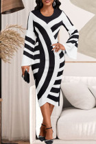 黒と白のエレガントなプリント パッチワーク ジッパー O ネック ラップ スカート ドレス