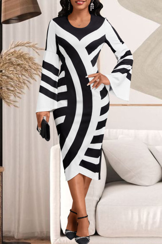 Vestidos de saia enrolados em preto e branco com estampa elegante patchwork com zíper e decote em O