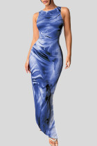 ブルーのエレガントなプリント パッチワーク スリット O ネック ロング ドレス