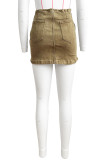 Earth Yellow Street Embroidery Letter Print Patchwork Patch Zipper Mid Waist Skinny Denim Mini Skirts