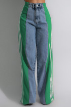Groene straatkleurblok patchwork knopen rits hoge taille losse denim jeans