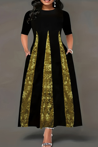 Zwarte elegante print patchwork O-hals A-lijn plus size jurken