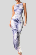 Helllila, elegantes, bedrucktes, langes Patchwork-Kleid mit Schlitz und O-Ausschnitt
