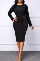 Черные элегантные однотонные лоскутные платья-юбки с разрезом и круглым вырезом в стиле пэчворк