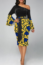Robes jupe enveloppée à col Oblique fendue en Patchwork imprimé élégant noir