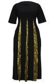 Black Elegant Print Patchwork O Neck A Line Plus Size Dresses
