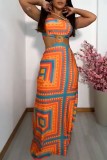 Tangerine Red Casual Sweet Street Daily Elegant Mixed Printing Printing Contrast Halter Dresses