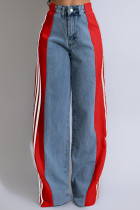 Rode straatkleurblok patchwork knopen rits hoge taille losse denim jeans