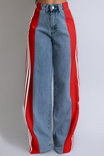 Rote Street-Farbblock-Patchwork-Knöpfe, Reißverschluss, hohe Taille, lockere Denim-Jeans