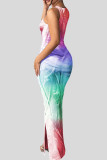 Rainbow Color Elegant Print Patchwork Slit O Neck Long Dresses