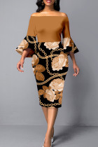 ブラウンのエレガントなプリント パッチワーク バックレス オフショルダー ラップ スカート ドレス