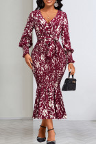 Бордовые элегантные платья-русалка с уздечкой и V-образным вырезом в стиле пэчворк