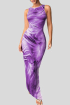 Robes longues violettes élégantes imprimées patchwork fendues à col rond