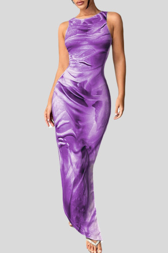 Purple Elegant Print Patchwork Slit O Neck Long Dresses