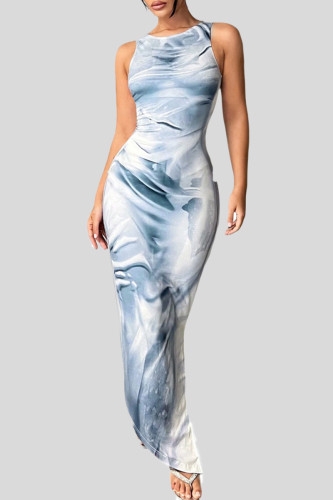 Hellblaue, elegante, bedruckte, lange Kleider mit Patchwork-Schlitz und O-Ausschnitt
