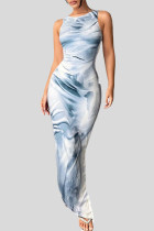 Vestidos longos azul claro com estampa elegante em patchwork com fenda e decote em O