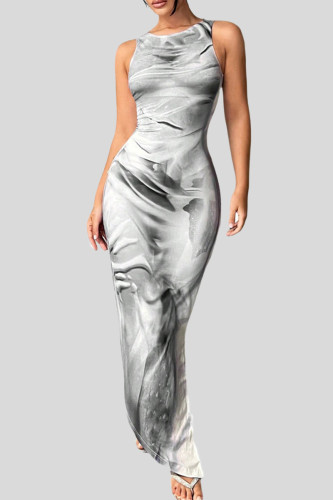 Light Gray Elegant Print Patchwork Slit O Neck Long Dresses