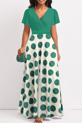 Verde Elegante Dot Patchwork V Neck A Line Vestidos Plus Size
