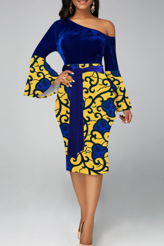 ブルーのエレガントなプリント包帯パッチワーク スリット斜め襟ラップ スカート ドレス