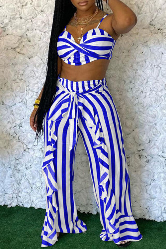 Blue Sexy Casual Striped Print Backless Spaghetti Strap Sans Manches Deux Pièces