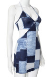 Blue Street Print Hollowed Out Patchwork Halter Wrapped Skirt Dresses