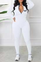 White Casual Print Patchwork Zipper Zipper Collar Skinny Jumpsuits