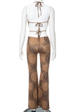 Brown Street Print Bandage Patchwork Backless Halter Regular Jumpsuits