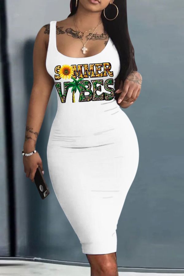 White Casual Print Basic U Neck Vest Dresses