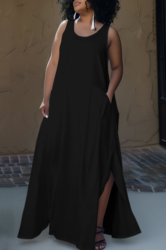 Zwart casual effen patchwork vest met zaksplit en O-hals plus maten jurken