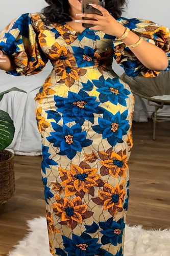 Azul Elegante Estampado Patchwork Cuello en V Impreso Vestidos de talla grande
