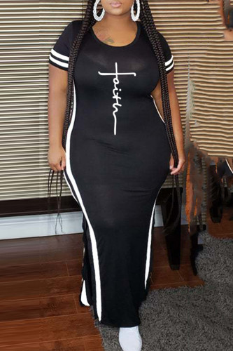 Schwarze, elegante, bedruckte, lange Kleider in Übergröße mit Patchwork-Schlitz und Kontrast-O-Ausschnitt