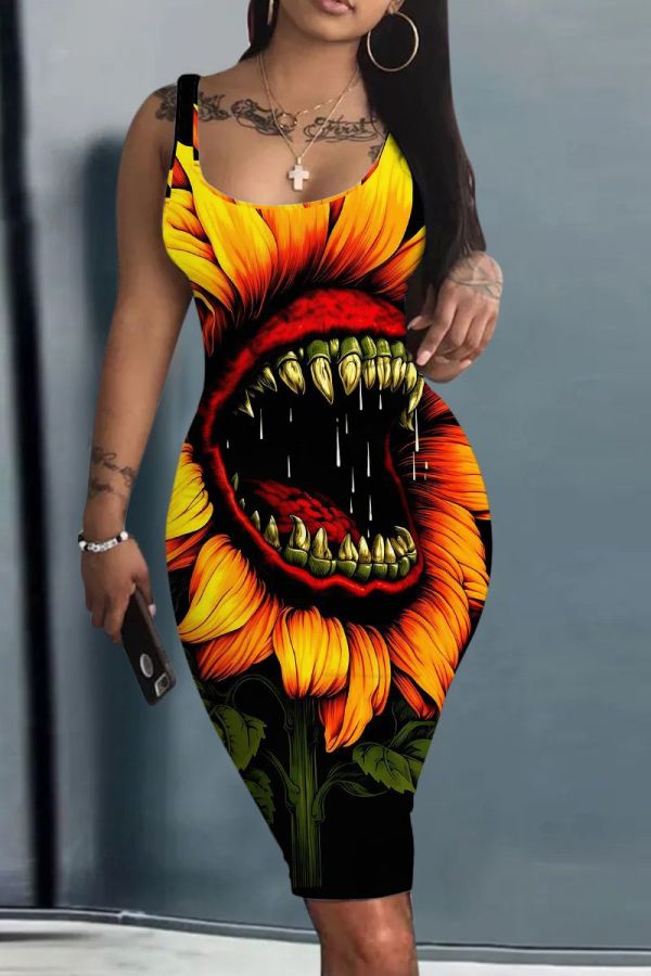 Orange Casual Print Basic U Neck Vest Dresses