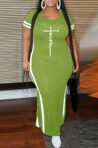 Vert élégant imprimé patchwork fente contraste col rond longues robes de grande taille