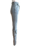 Blue Street Solid Patchwork Pocket Buttons Zipper High Waist Regular Cargo Denim Jeans