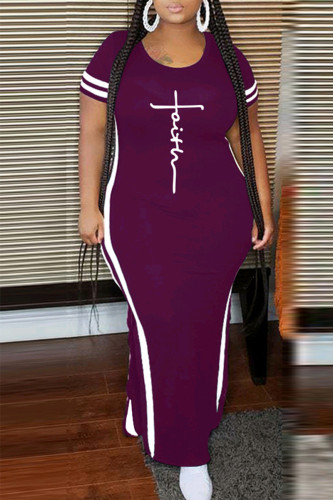 Violet élégant imprimé patchwork fente contraste col rond longues robes de grande taille