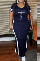 Marineblaues, elegantes, bedrucktes Patchwork-Schlitz-Kontrast-O-Ausschnitt-langes Kleid in Übergröße