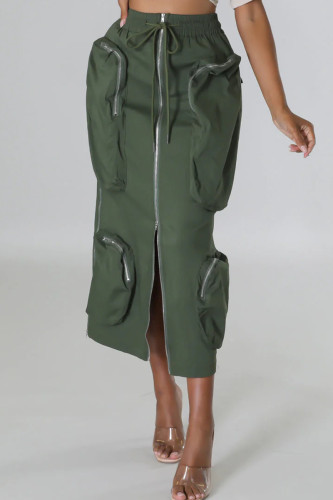 Olivgrüne, süße, solide Patchwork-Hose mit Kordelzug, Tasche und Reißverschluss, gerade, mittlere Taille, gerade Patchwork-Hose