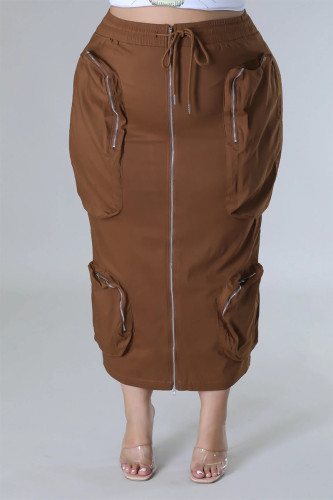 Темно-коричневый милый однотонный пэчворк с завязками и карманами на молнии Прямые прямые брюки со средней талией в стиле пэчворк