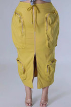 Amarelo doce sólido retalhos draw string bolso zíper reto cintura média reta retalhos bottoms