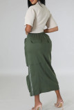 Olive Green Sweet Solid Patchwork Draw String Pocket Zipper Straight Mid Waist Straight Patchwork Bottoms