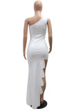 White Sexy Solid Patchwork High Opening Hot Drill Oblique Collar Long Dresses