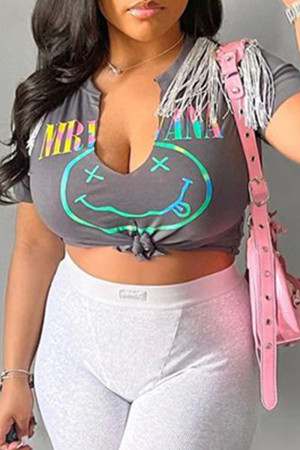 Dark Gray Sexy Street Print Patchwork V Neck T-Shirts