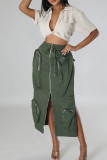 Olive Green Sweet Solid Patchwork Draw String Pocket Zipper Straight Mid Waist Straight Patchwork Bottoms