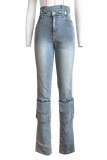 Blue Street Solid Patchwork Pocket Buttons Zipper High Waist Regular Cargo Denim Jeans