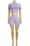 Purple Casual Solid Patchwork O Neck Short Sleeve Two Pieces Crop Tops And Shorts Set