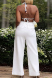 White Street Solid Patchwork Pocket High Opening O Neck Sleeveless Two Pieces Lace Up Long Top Wide Leg Pants
