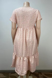 Pink Sweet Print Patchwork V Neck A Line Plus Size Dresses