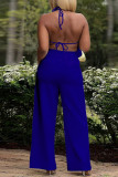 Colorful Blue Street Solid Patchwork Pocket High Opening O Neck Sleeveless Two Pieces Lace Up Long Top Wide Leg Pants